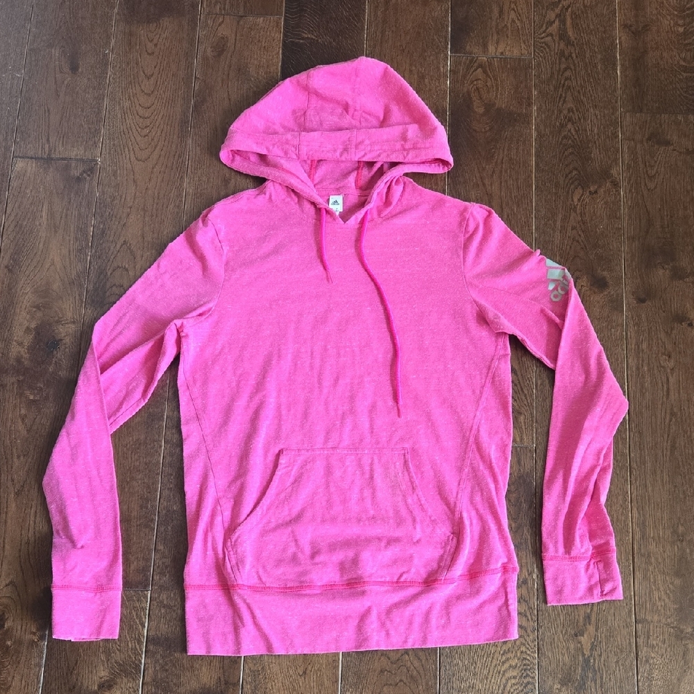Adidas Bright Pink Hoodie Sweatshirt Pullover Lightweight Small Kangaroo Pocket